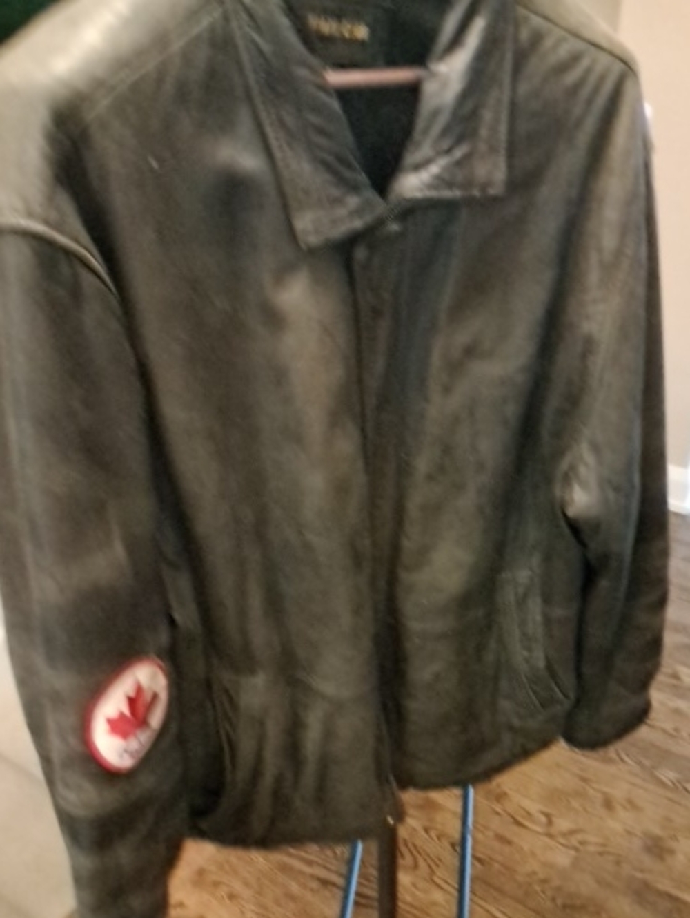 Black Leather Men's Jacket with Maple Patch